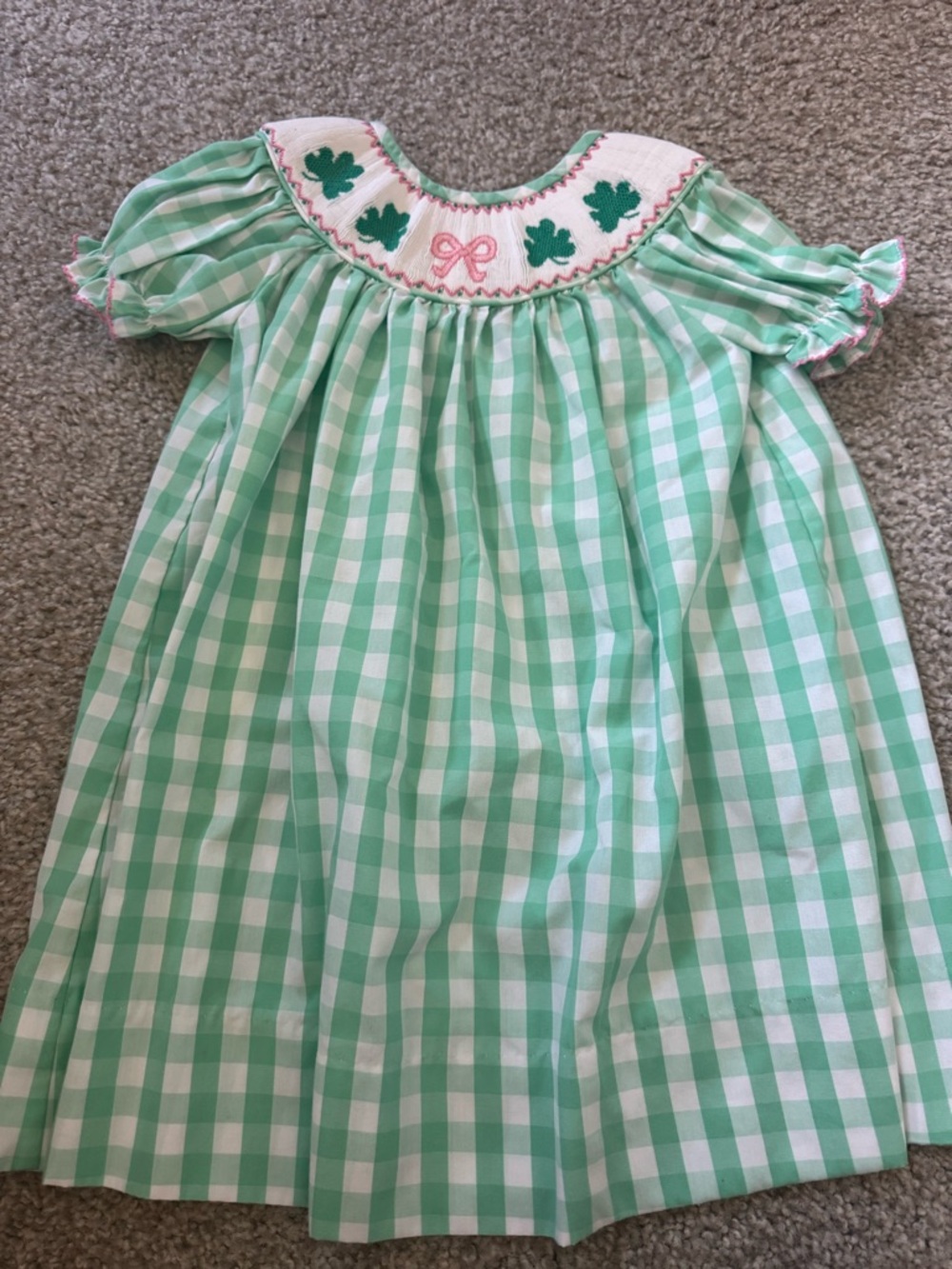 Mint Green Gingham Smocked Girls Dress with Clover Motif